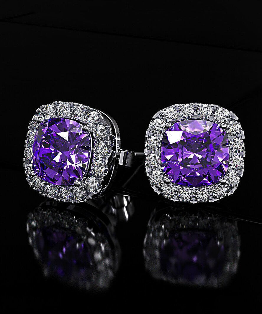 Iridescent Amethyst Gemstone Princess Halo Cut Stud Earring With