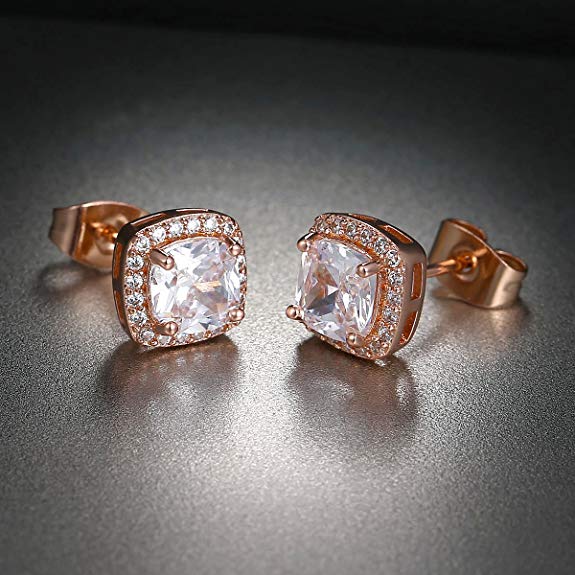 Rose Plated 4 Pack Set: Circle & Square Halo Stud Earrings, Hoop Earrings, and Adjustable Tennis Bracelet