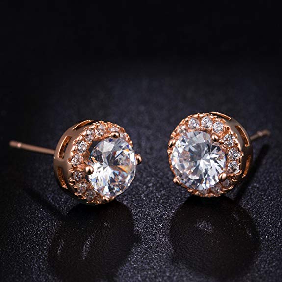 Rose Plated 4 Pack Set: Circle & Square Halo Stud Earrings, Hoop Earrings, and Adjustable Tennis Bracelet