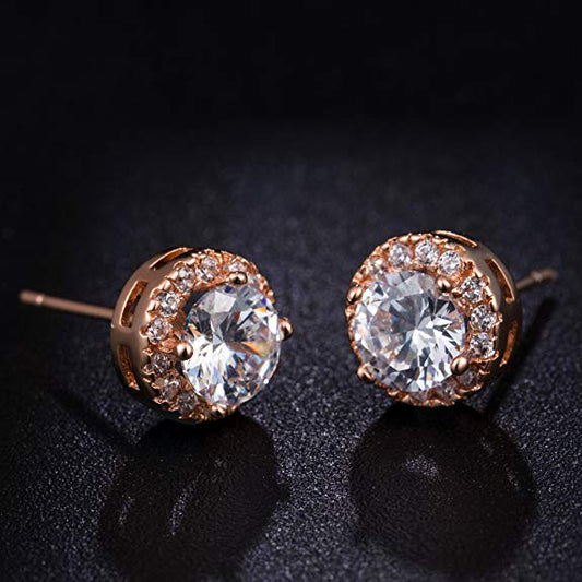 Rose Plated 4 Pack Set: Circle & Square Halo Stud Earrings, Hoop Earrings, and Adjustable Tennis Bracelet