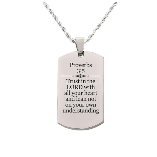 Solid Stainless Steel Scripture Tag Necklace - Proverbs 3:5