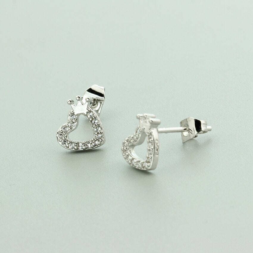 Tiny Small Love Heart Princess Crown Stud Earrings