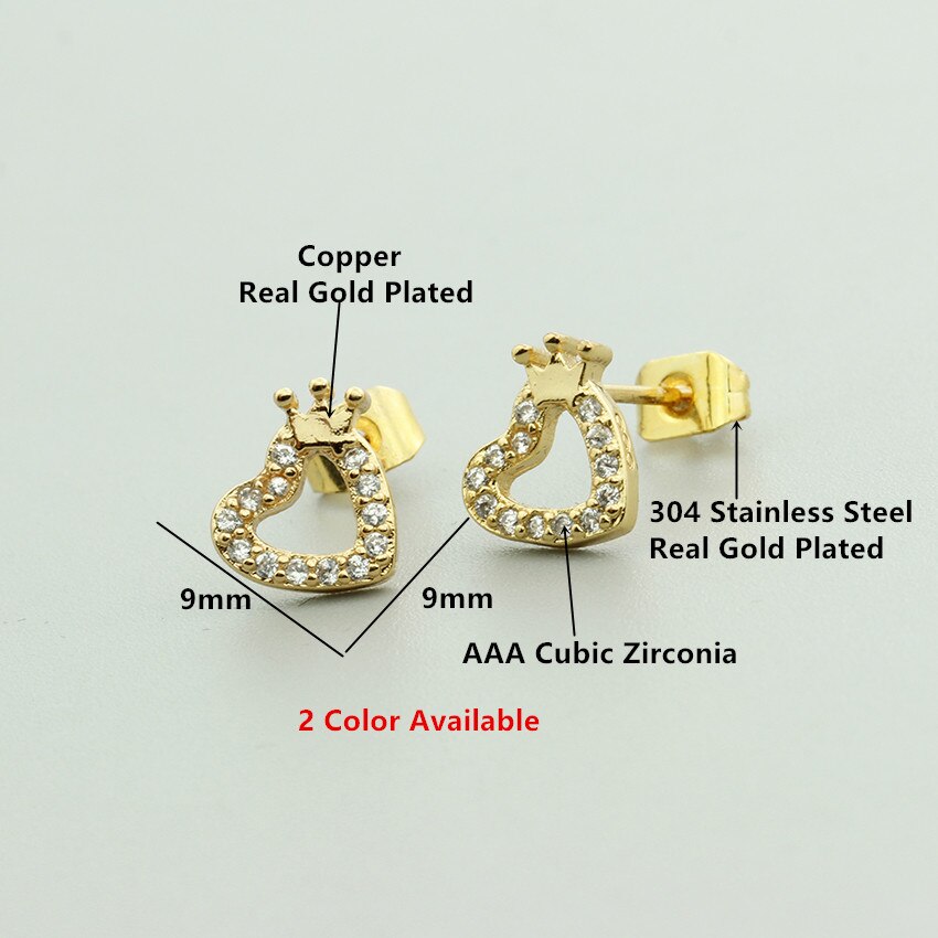 Tiny Small Love Heart Princess Crown Stud Earrings
