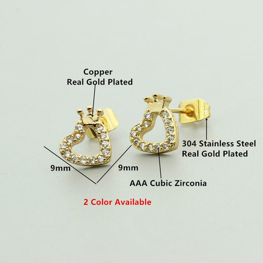 Tiny Small Love Heart Princess Crown Stud Earrings