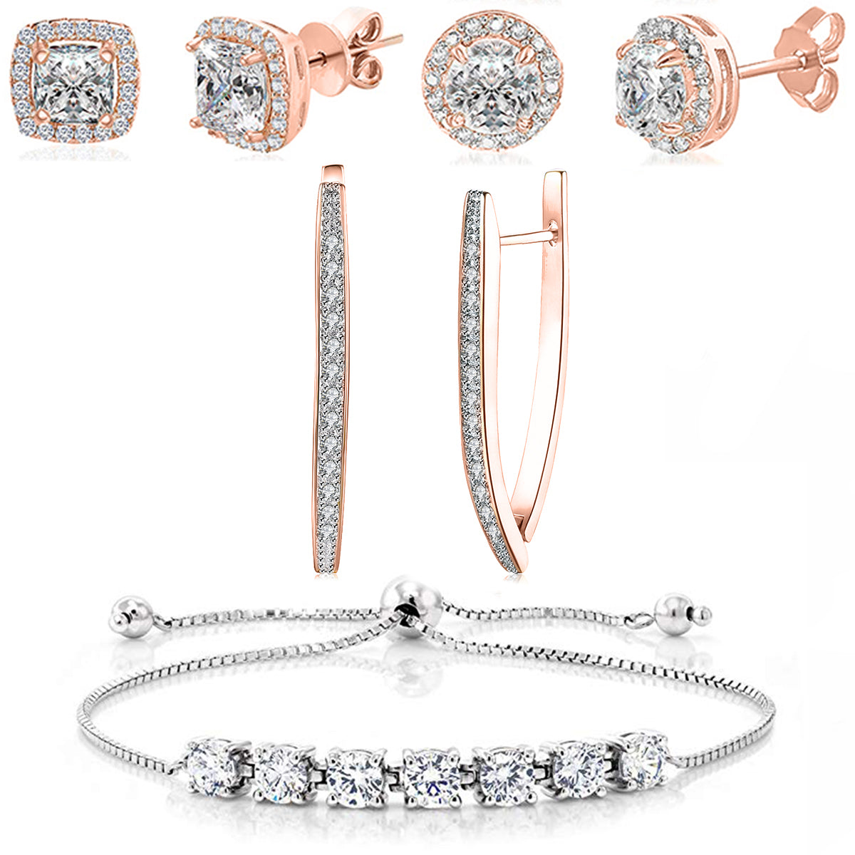 Rose Plated 4 Pack Set: Circle & Square Halo Stud Earrings, Hoop Earrings, and Adjustable Tennis Bracelet