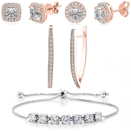 Rose Plated 4 Pack Set: Circle & Square Halo Stud Earrings, Hoop Earrings, and Adjustable Tennis Bracelet